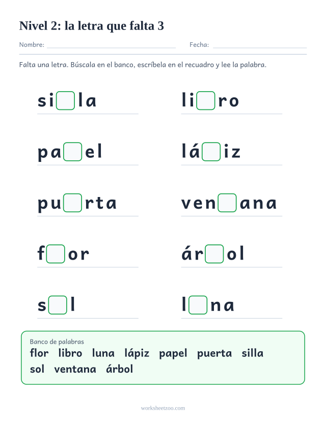 Ficha de lectura con la letra que falta en diez palabras del Nivel 2 como silla, libro, papel, lápiz