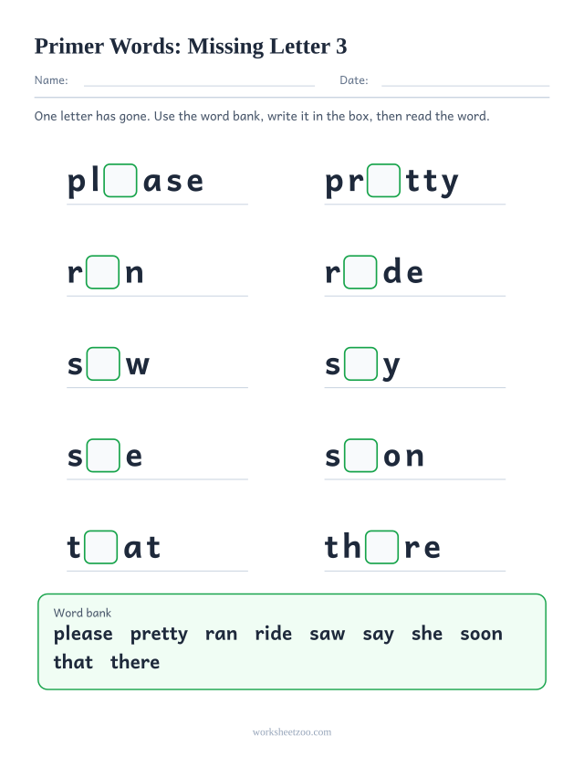 Sight words missing letter worksheet, ten Primer words such as please, pretty, ran, ride with one letter blanked