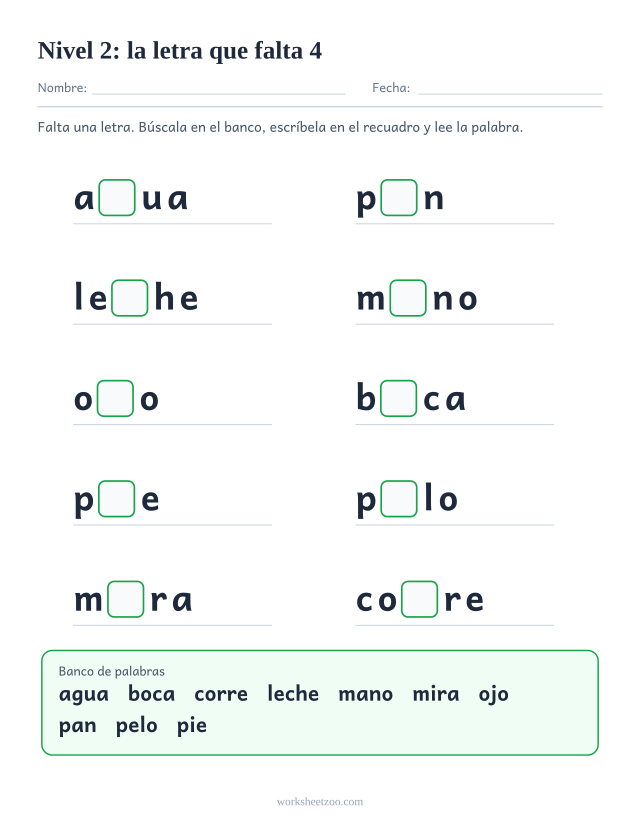 Ficha de lectura con la letra que falta en diez palabras del Nivel 2 como agua, pan, leche, mano