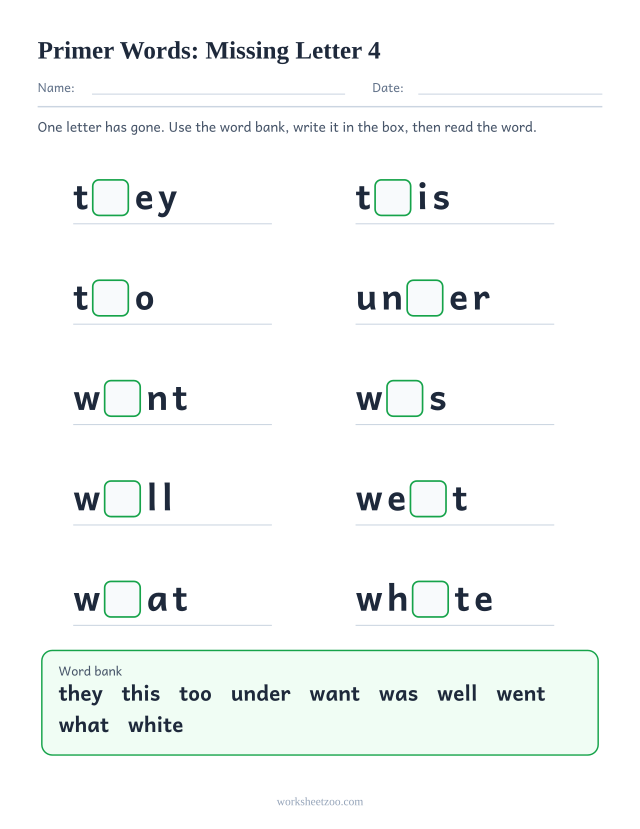 Sight words missing letter worksheet, ten Primer words such as they, this, too, under with one letter blanked
