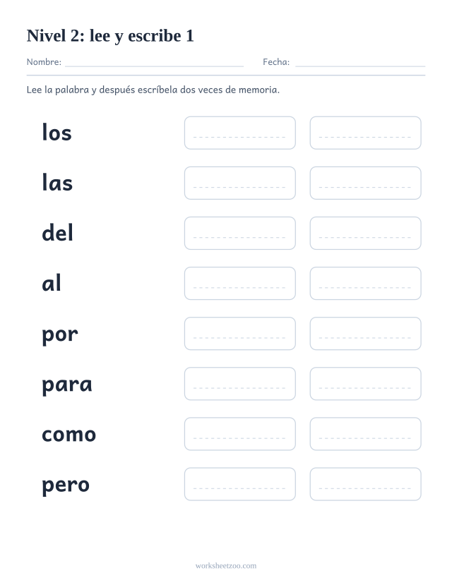 Ficha de lectura para leer y escribir ocho palabras del Nivel 2, entre ellas los, las, del, al