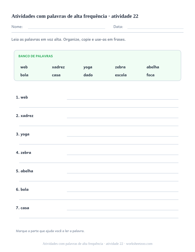 Prévia de Atividades com palavras de alta frequência, atividade 22 para imprimir