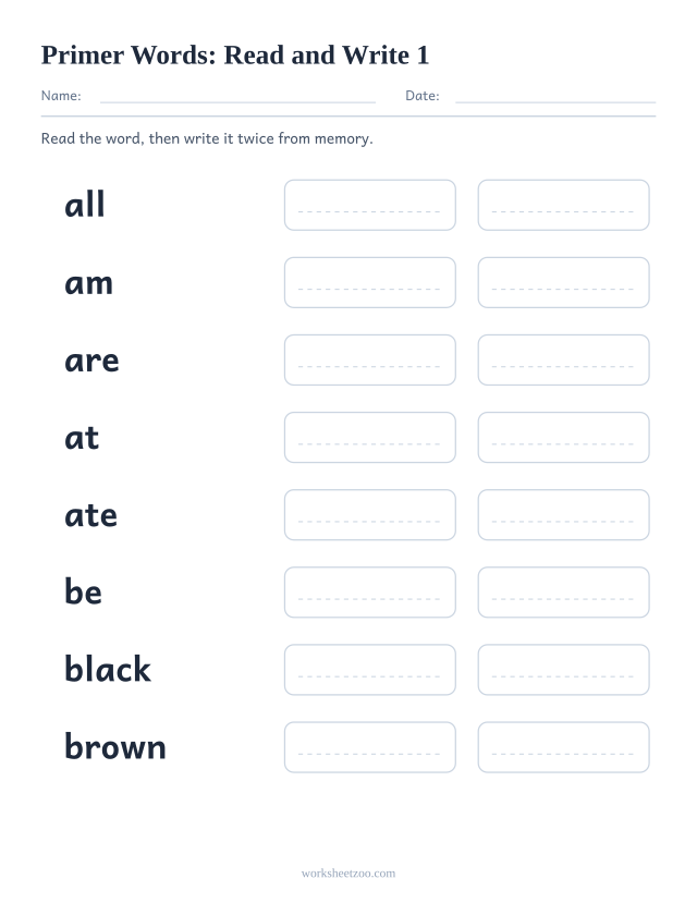 Sight words read and write worksheet, eight Primer words including all, am, are, at
