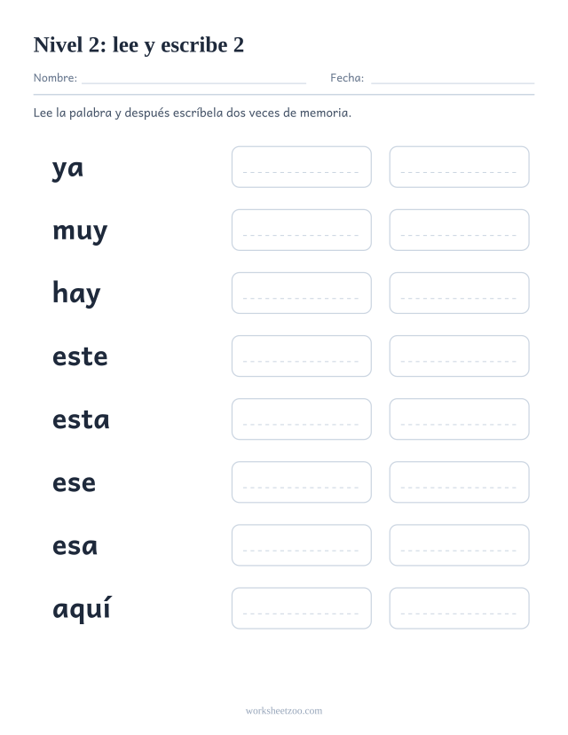 Ficha de lectura para leer y escribir ocho palabras del Nivel 2, entre ellas ya, muy, hay, este