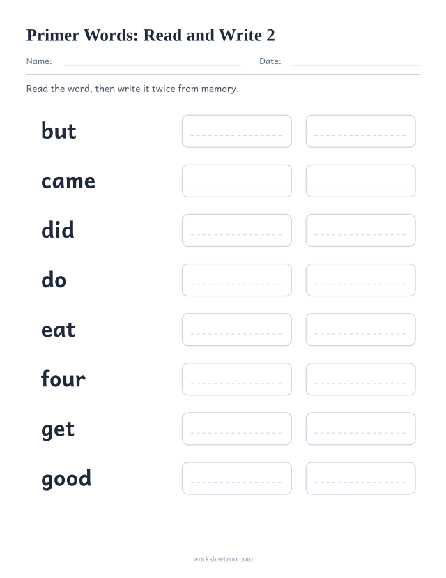 Sight words read and write worksheet, eight Primer words including but, came, did, do