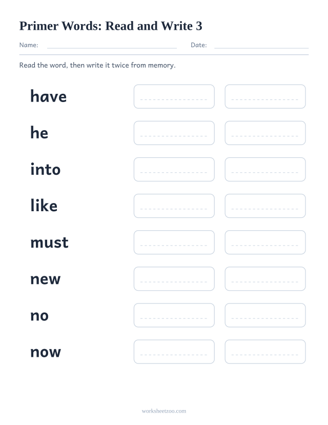 Sight words read and write worksheet, eight Primer words including have, he, into, like