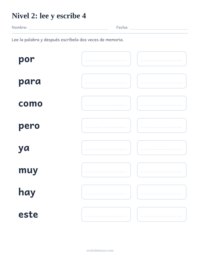 Ficha de lectura para leer y escribir ocho palabras del Nivel 2, entre ellas por, para, como, pero