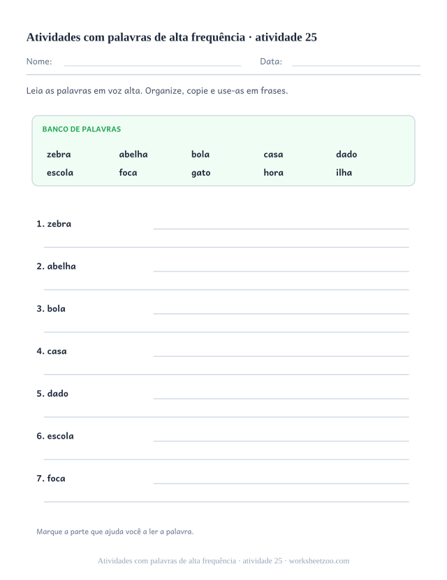 Prévia de Atividades com palavras de alta frequência, atividade 25 para imprimir