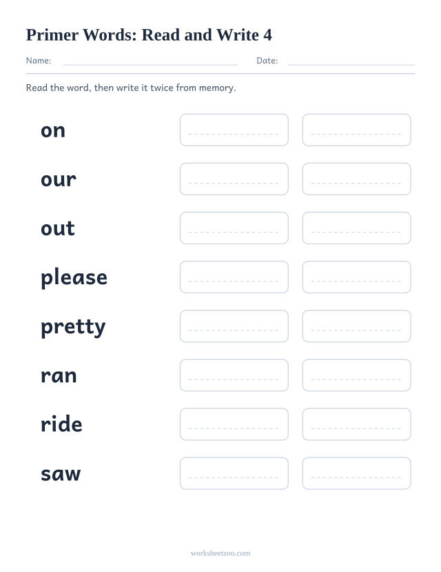 Sight words read and write worksheet, eight Primer words including on, our, out, please