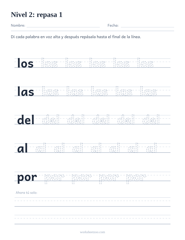 Ficha de lectura para repasar las palabras los, las, del, al, por sobre pauta