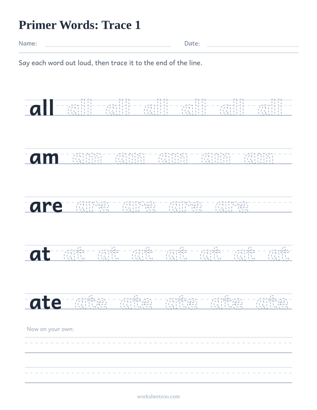 Sight words tracing worksheet, Primer words all, am, are, at, ate on handwriting guides