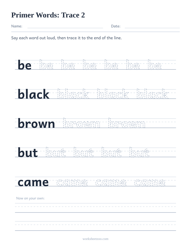 Sight words tracing worksheet, Primer words be, black, brown, but, came on handwriting guides