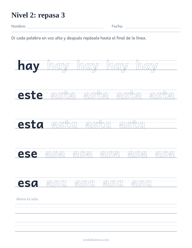 Ficha de lectura para repasar las palabras hay, este, esta, ese, esa sobre pauta