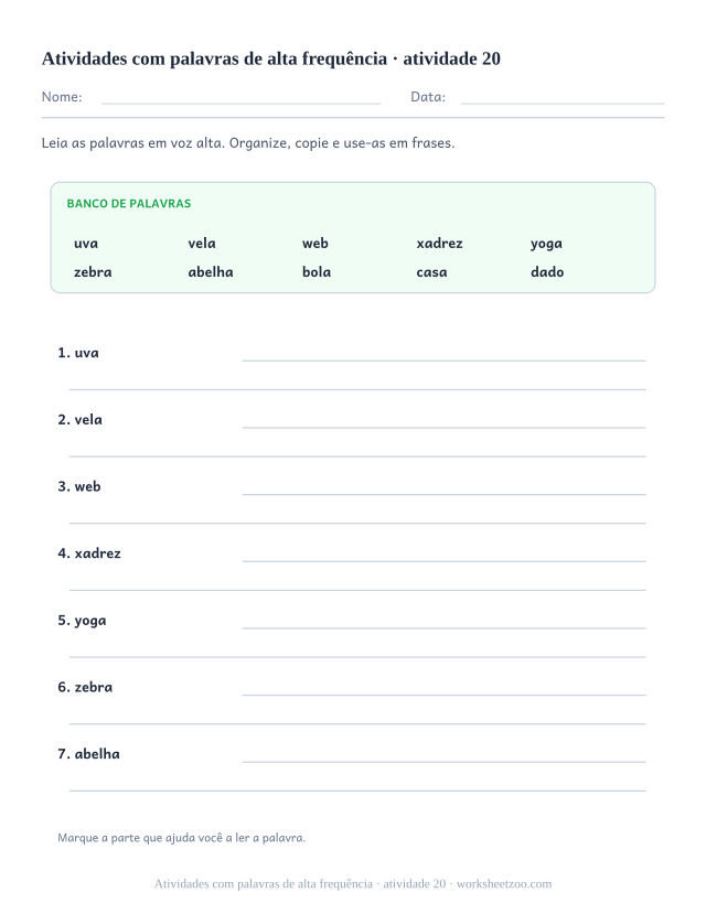Prévia de Atividades com palavras de alta frequência, atividade 20 para imprimir