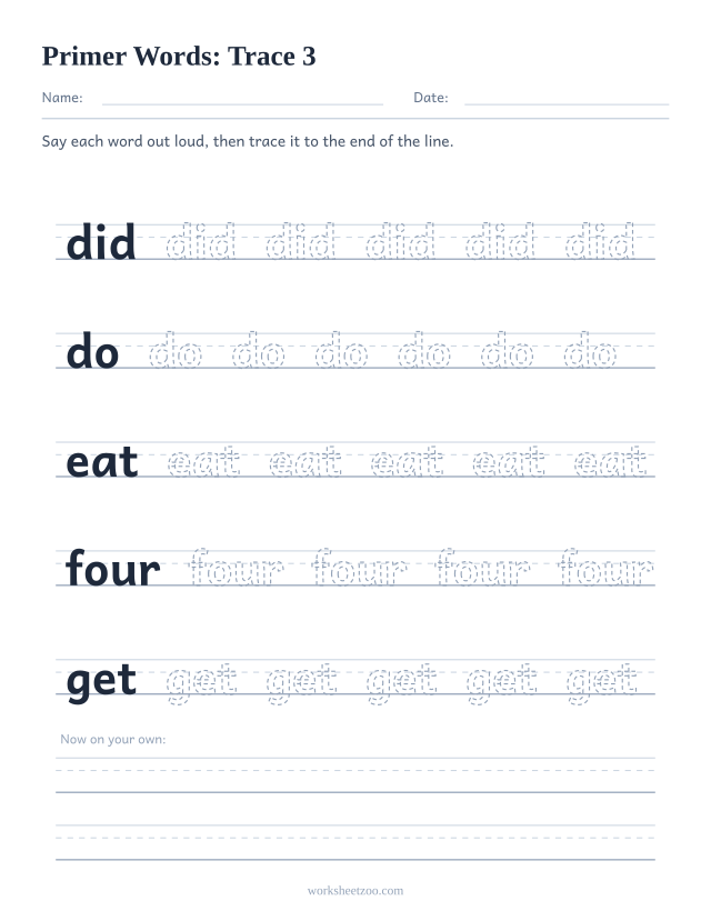 Sight words tracing worksheet, Primer words did, do, eat, four, get on handwriting guides