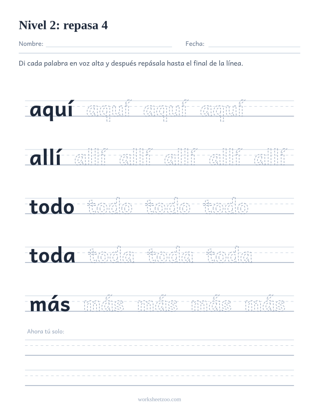 Ficha de lectura para repasar las palabras aquí, allí, todo, toda, más sobre pauta