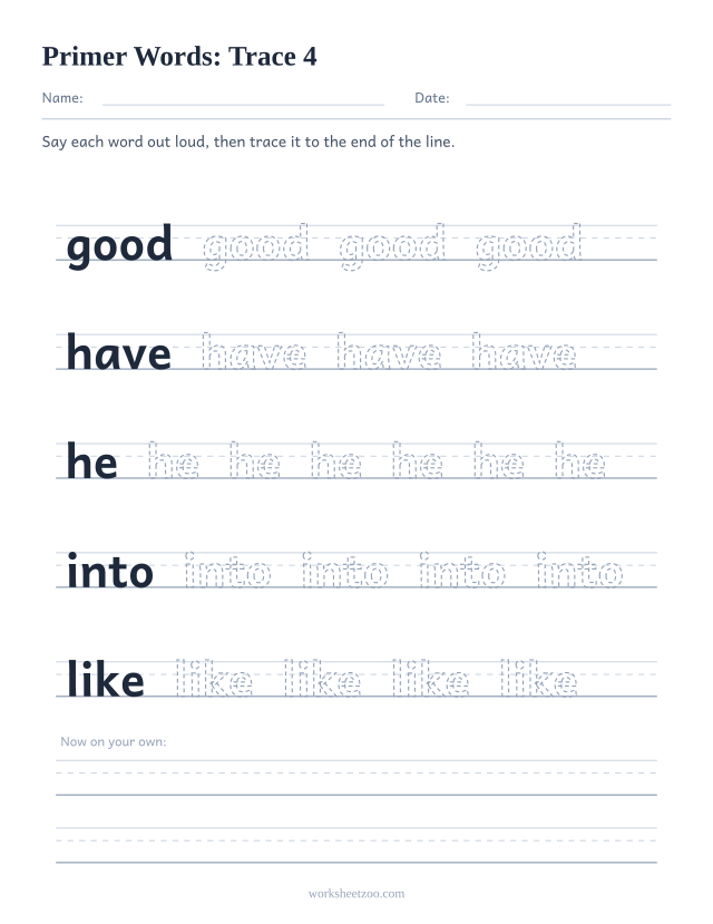 Sight words tracing worksheet, Primer words good, have, he, into, like on handwriting guides