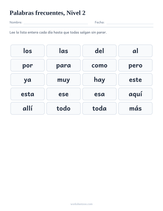 Lista de palabras de uso frecuente del Nivel 2, las 20 palabras en una lámina para imprimir