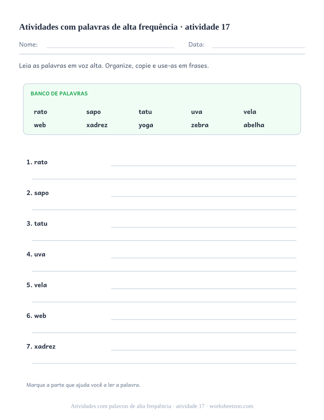 Prévia de Atividades com palavras de alta frequência, atividade 17 para imprimir