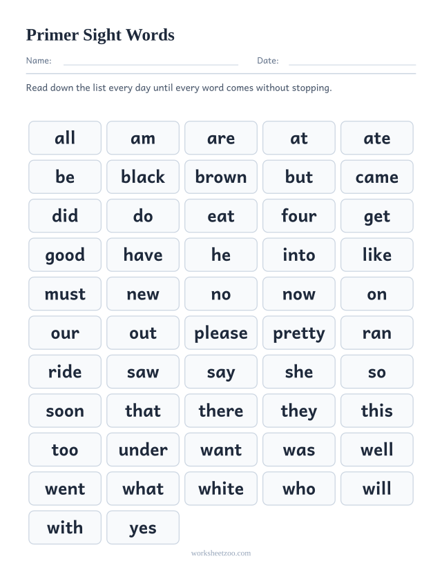 Dolch sight words list for Primer level, all 52 words in a printable reference chart