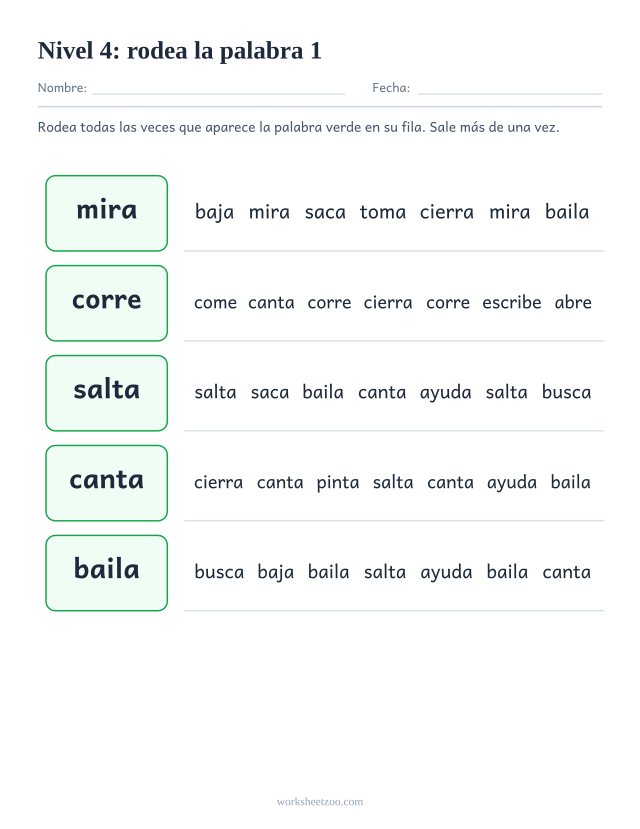 Ficha de lectura para localizar mira, corre, salta, canta entre palabras parecidas del Nivel 4