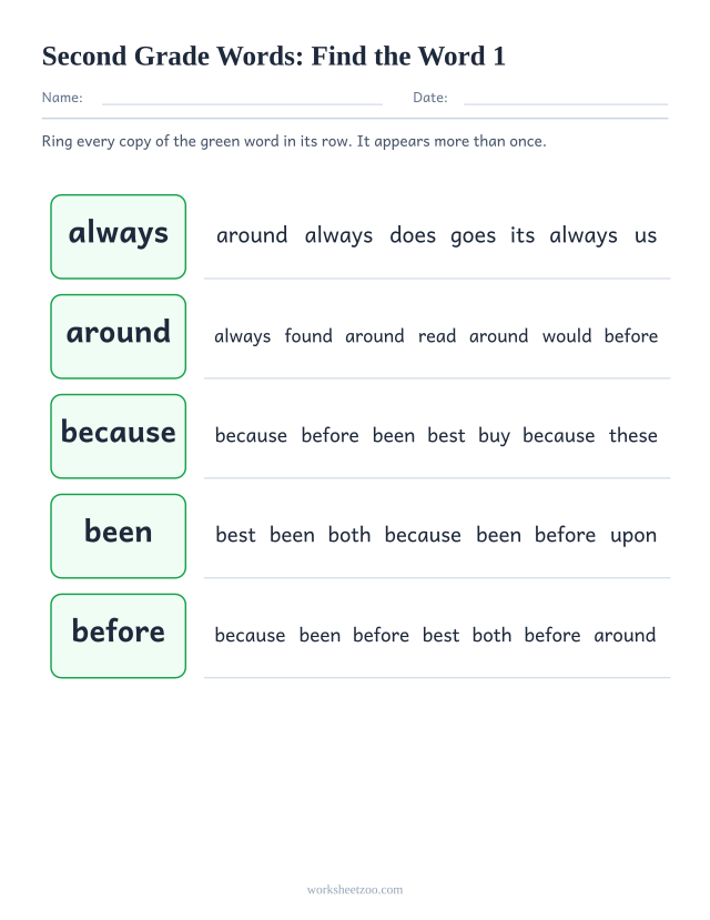 Sight words recognition worksheet, finding always, around, because, been among lookalike Second Grade words