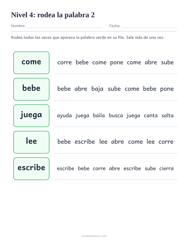 Ficha de lectura para localizar come, bebe, juega, lee entre palabras parecidas del Nivel 4