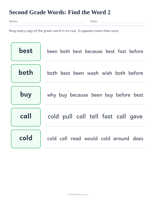 Sight words recognition worksheet, finding best, both, buy, call among lookalike Second Grade words