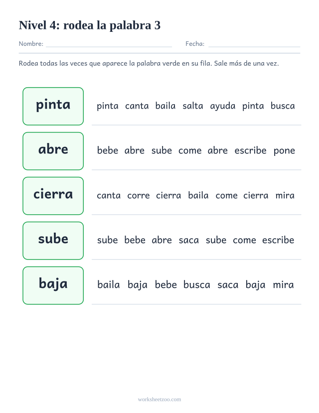 Ficha de lectura para localizar pinta, abre, cierra, sube entre palabras parecidas del Nivel 4