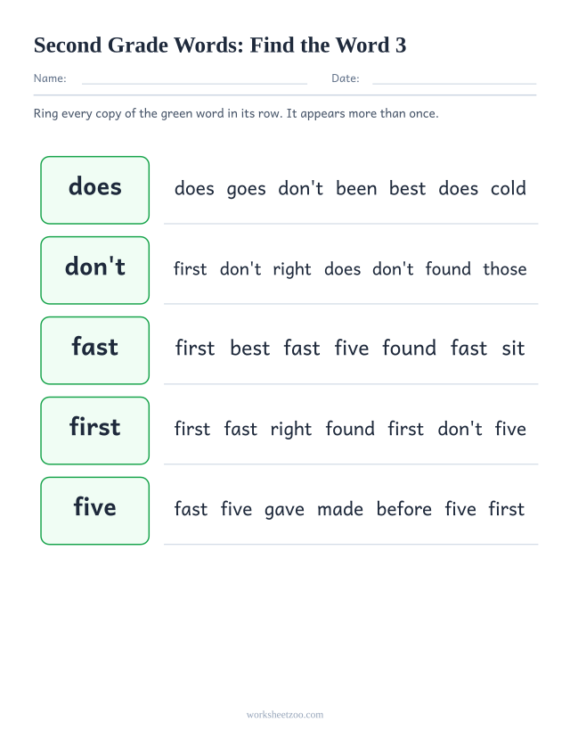 Sight words recognition worksheet, finding does, don't, fast, first among lookalike Second Grade words
