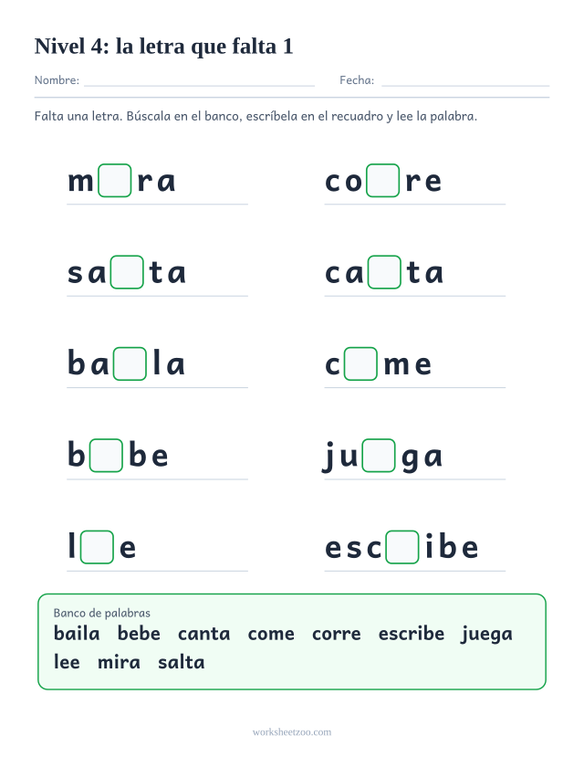 Ficha de lectura con la letra que falta en diez palabras del Nivel 4 como mira, corre, salta, canta