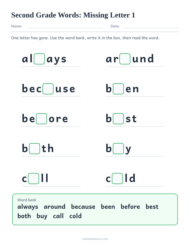 Sight words missing letter worksheet, ten Second Grade words such as always, around, because, been with one letter blanked