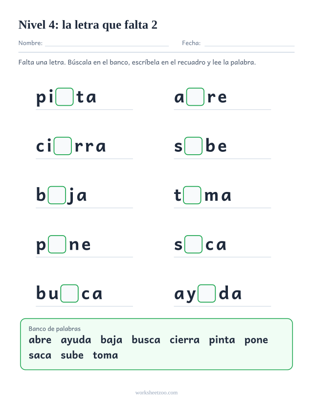 Ficha de lectura con la letra que falta en diez palabras del Nivel 4 como pinta, abre, cierra, sube