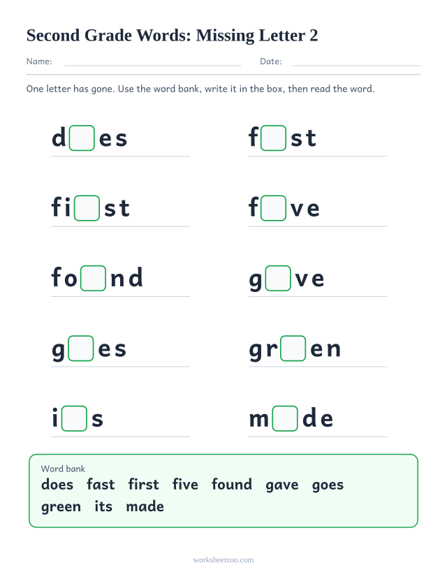 Sight words missing letter worksheet, ten Second Grade words such as does, fast, first, five with one letter blanked