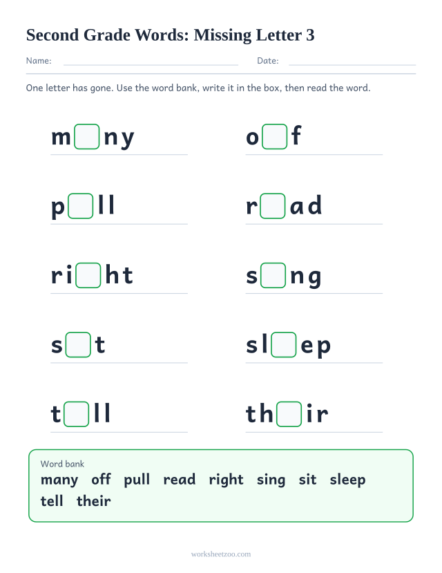 Sight words missing letter worksheet, ten Second Grade words such as many, off, pull, read with one letter blanked