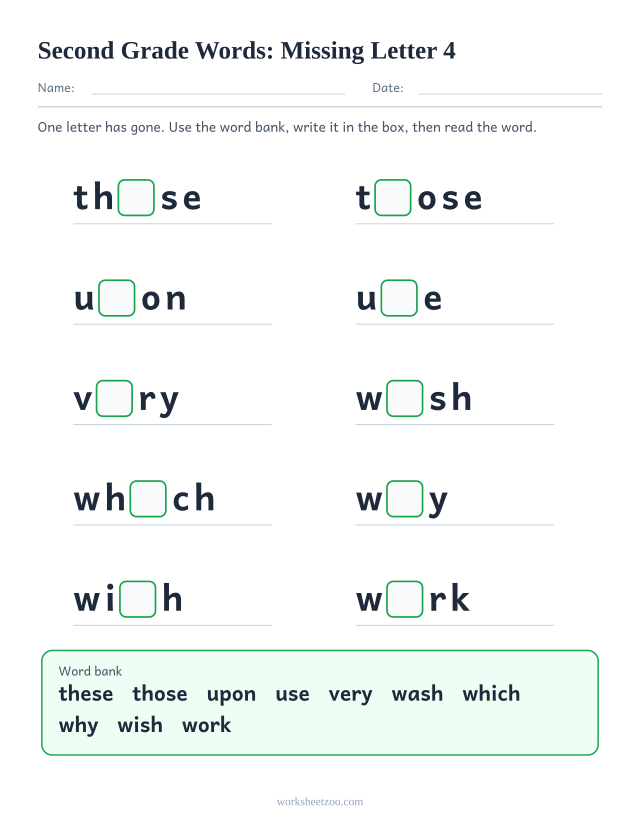 Sight words missing letter worksheet, ten Second Grade words such as these, those, upon, use with one letter blanked
