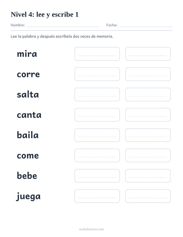 Ficha de lectura para leer y escribir ocho palabras del Nivel 4, entre ellas mira, corre, salta, canta