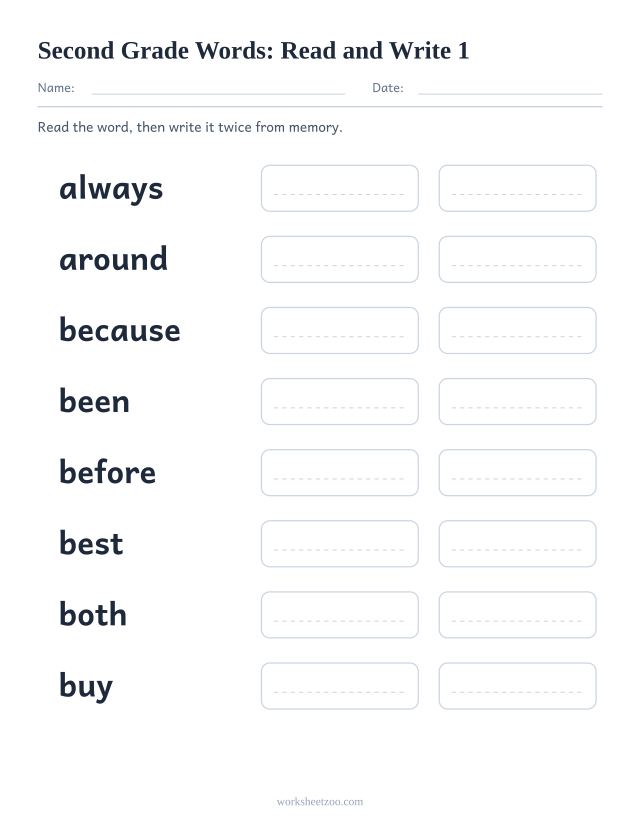 Sight words read and write worksheet, eight Second Grade words including always, around, because, been