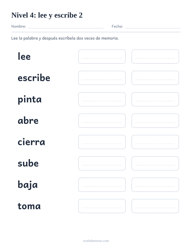 Ficha de lectura para leer y escribir ocho palabras del Nivel 4, entre ellas lee, escribe, pinta, abre