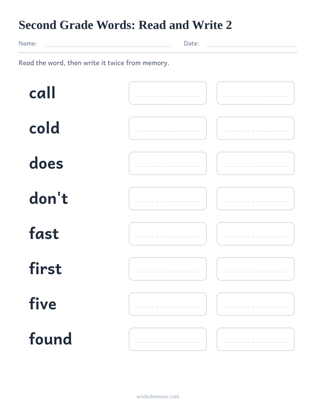 Sight words read and write worksheet, eight Second Grade words including call, cold, does, don't