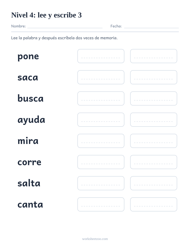 Ficha de lectura para leer y escribir ocho palabras del Nivel 4, entre ellas pone, saca, busca, ayuda