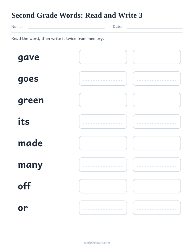 Sight words read and write worksheet, eight Second Grade words including gave, goes, green, its