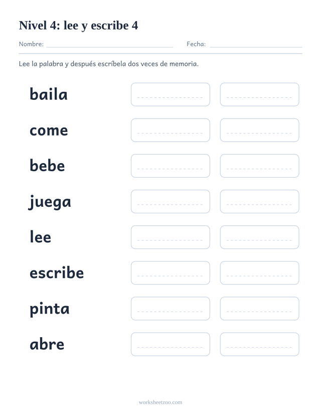 Ficha de lectura para leer y escribir ocho palabras del Nivel 4, entre ellas baila, come, bebe, juega