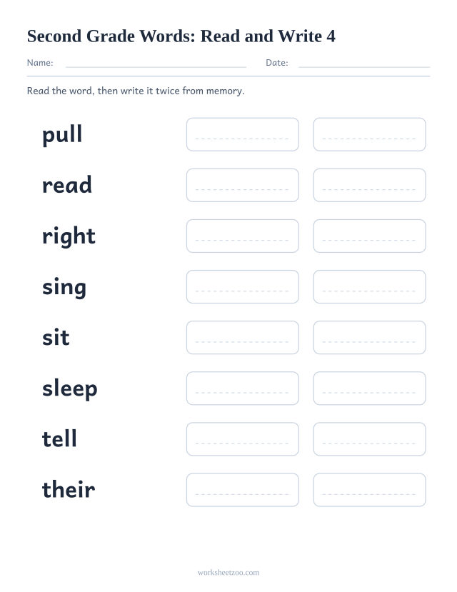 Sight words read and write worksheet, eight Second Grade words including pull, read, right, sing