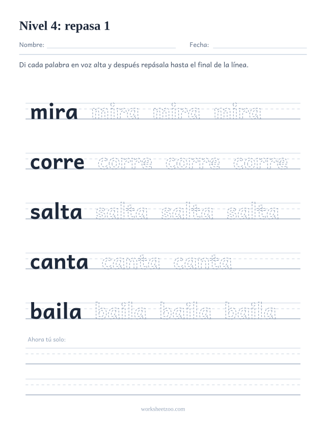 Ficha de lectura para repasar las palabras mira, corre, salta, canta, baila sobre pauta