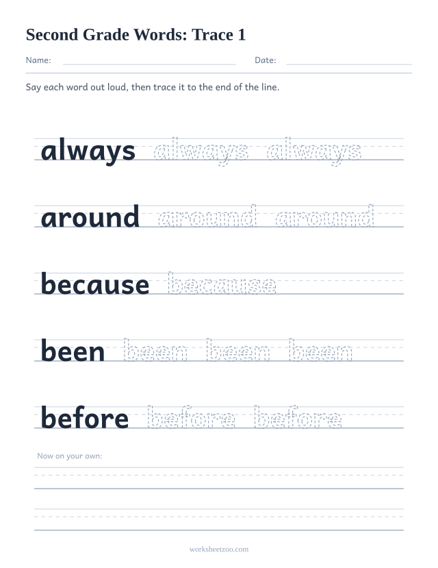 Sight words tracing worksheet, Second Grade words always, around, because, been, before on handwriting guides