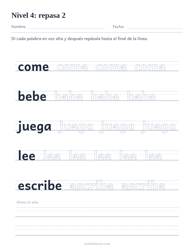 Ficha de lectura para repasar las palabras come, bebe, juega, lee, escribe sobre pauta