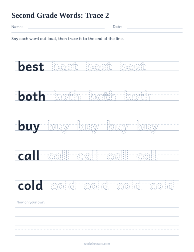 Sight words tracing worksheet, Second Grade words best, both, buy, call, cold on handwriting guides