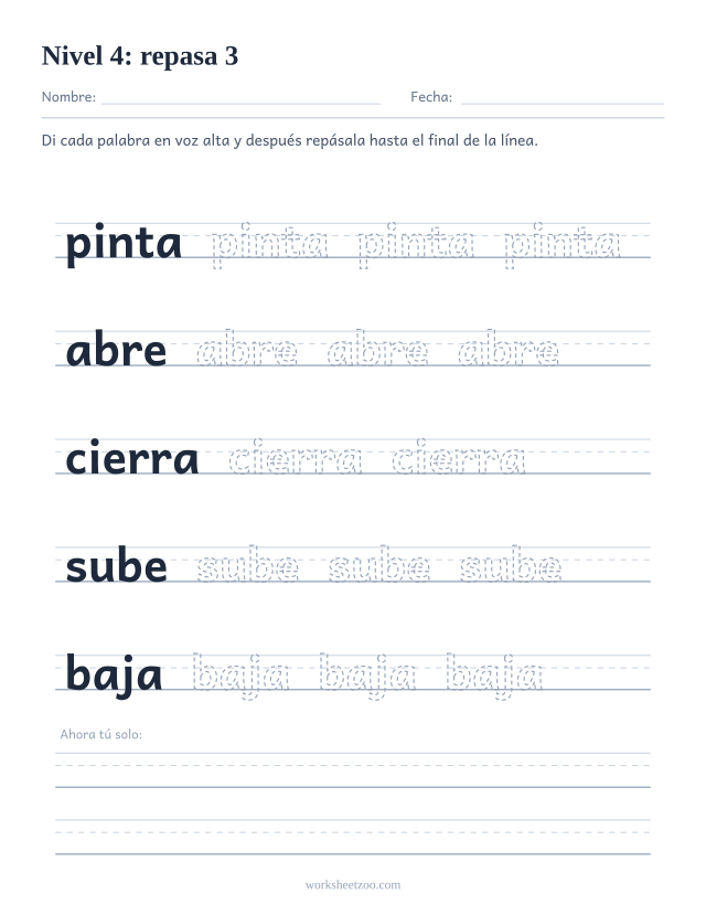 Ficha de lectura para repasar las palabras pinta, abre, cierra, sube, baja sobre pauta