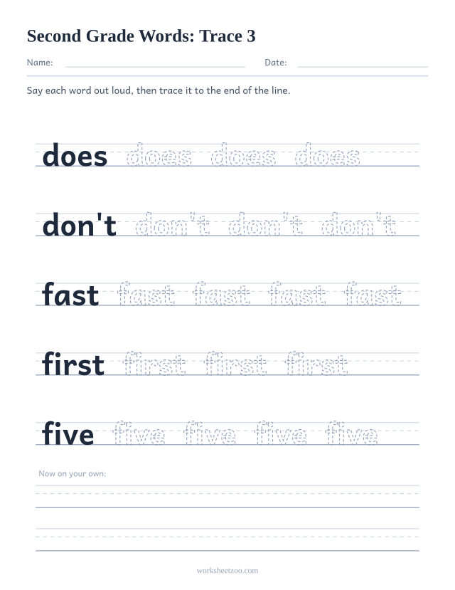 Sight words tracing worksheet, Second Grade words does, don't, fast, first, five on handwriting guides